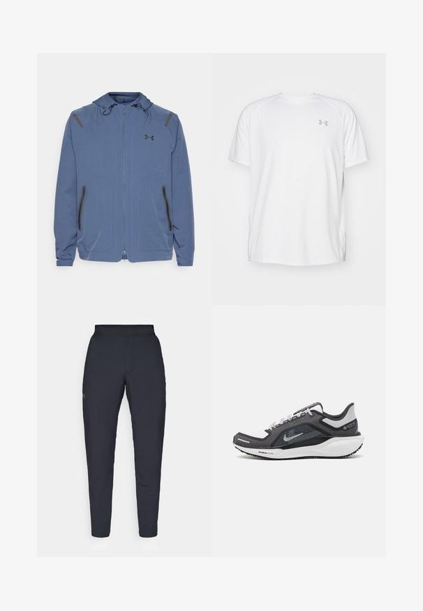 Blaue Kapuzenjacke aus synthetischem Material, mit einem Reißverschluss vorne, schwarzen Akzenten und zwei Reißverschlusstaschen an den Seiten.; Weißes kurzärmeliges Sportshirt aus glattem Material. Mit Rundhalsausschnitt und grauem Logo auf der linken Brust, sowie seitlichen Schlitzen am Saum.; Schwarze Sporthose mit glatter Textur, schlankem Schnitt, elastischem Bund und seitlichen Taschen. Mit einem kleinen Logo auf dem linken Oberschenkel.; Schwarzer und grauer Sportschuh mit einem Mesh-Obermaterial, reflektierenden Akzenten und einer weißen Zwischensohle. Verfügt über eine strukturierte Gummisohle und Schnürsenkel.