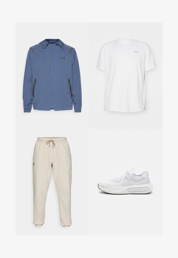 Blå hættejakke lavet af syntetisk materiale, med en frontlynlås, sorte accenter og to lynlåslommer på siderne.; Hvid kortærmet sportsbluse lavet af glat stof. Har en rund halsudskæring og et gråt logo på venstre bryst, samt slidser i siderne ved kanten.; Beige sweatpants i blødt, struktureret stof med elastisk talje og snøre. Har et side-logo og tapered ankler for en afslappet pasform.; Hvid atletiksko med et struktureret strikoverdel, snørelukning, polstret sål og et karakteristisk branddetalje på siden.