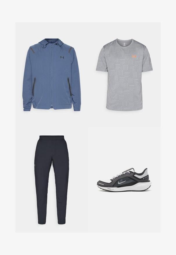 Zila kapuce, kas izgatavota no sintētiska materiāla, ar priekšējo rāvējslēdzēju, melniem akcentiem un divām rāvējslēdzēju kabatām sānos.; Īslaidu pelēka T-kreklu ar ģeometrisku rakstu, ar oranžu logotipu kreisajā krūtīs. Izgatavots no viegla, elpojoša auduma.; Melnas sporta bikses ar gludu tekstūru, šauru piegriezumu, elastīgu jostu un sānu kabatām. Uz kreisā augšstilba ir mazs logs.; Melnas un pelēkas sporta kurpes ar tīklu augšdaļu, atstarojošiem akcentiem un baltu starpzoli. Aprīkotas ar teksturētu gumijas zoli un šņorēm.