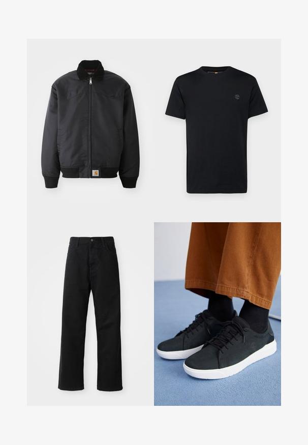 Musta pommitakkia, jossa on vetoketjukiinnitys, napillinen kaulus, ja ribbetteräväteet hihansuissa ja helmassa. Alhaalla vasemmassa kulmassa on logopatch. Sujuva pinta.; Mustat puuvillapaita, jossa on pyöreä pääntie, lyhyet hihat ja pieni brodeerattu logo rinnassa. Sujuva pinta, klassinen istuvuus.; Musta farkkushortsit suoran leikkauksen kanssa, joissa on etutaskut, vetoketjuläppä ja yksi yläpainike. Rakenteellinen kangas matta pinnalla.; Musta mokkanahkakengät valkoisilla kumipohjilla, joissa on nauhakiinnitys, teksturoituja yksityiskohtia ja huomaamatonta brändäystä, yhdistettynä ruskeisiin housuihin.