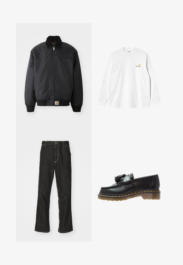 Svart bomberjakke med glidelås, trykknapkrage, ribbestrikkede mansjetter og nedre kant. Har et logomerke nederst til venstre. Glatt tekstur.; Langermet hvit bomulls T-skjorte med rund hals, med en liten gul og burgunder logo på venstre bryst. Sømløse mansjetter og nederkant.; Svarte denimbukser med løs passform, med kontrastfylt hvit søm, knappelukking og rett ben-design.; Sorte lærloafers med en teksturert finish, med en dekorativ dusk og kontrasterende gul søm, på en chunky, transparent såle.