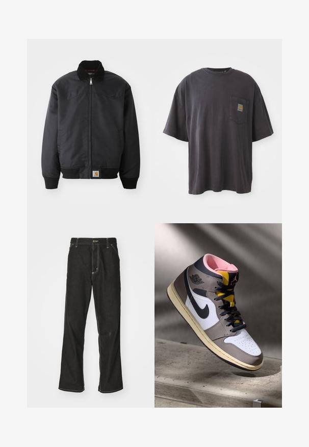 Giacca bomber nera con chiusura a zip, colletto a pressione, polsini e orlo a coste. Presenta una patch con logo in basso a sinistra. Tessuto liscio.; T-shirt nera in cotone con maniche corte, scollatura rotonda e taschino sul lato sinistro con una toppa quadrata. Design semplice e privo di fronzoli.; Jeans in denim nero con una vestibilità ampia, caratterizzati da cuciture bianche a contrasto, chiusura a bottone e un design a gamba dritta.; Sneaker Nike Air Jordan alta in bianco, grigio e nero con interno rosa e linguetta gialla, posizionata su una superficie di cemento.