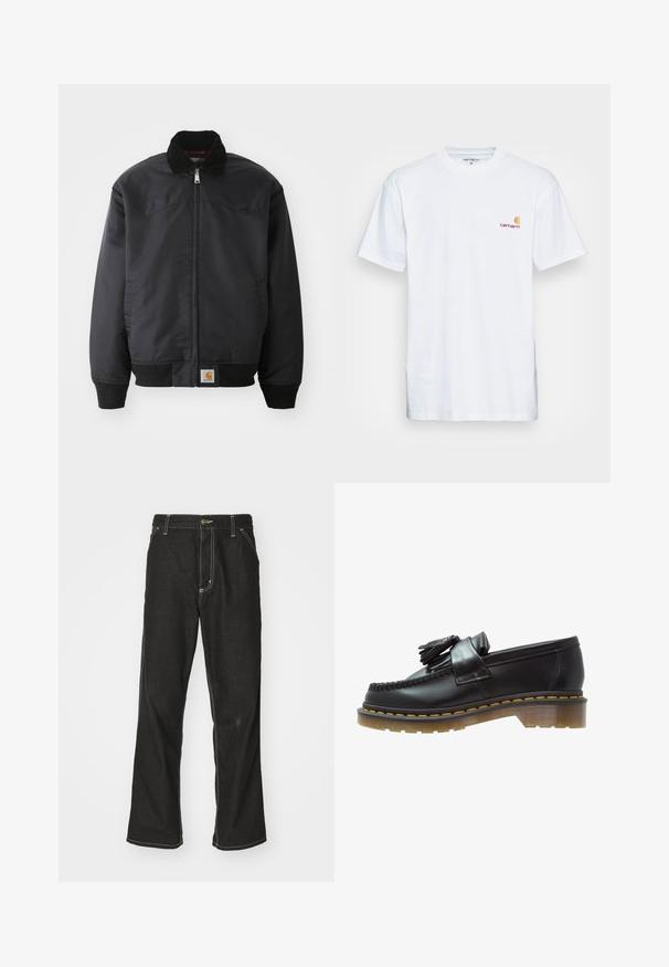 Čierna bomber bunda so zipsom, klopovým golierom, rebrovanými manžetami a lemovaním. Obsahuje nášivku s logom na spodnej ľavej strane. Hladká textúra.; Biala bavlnená tričko s krátkymi rukávmi. Navrhnuté s malým oranžovým a vínovým logom na ľavej strane hrude. Obsahuje klasický crew neck.; Čierne denimové nohavice s voľným strihom, s kontrastným bielym prešívaním, uzáverom na gombík a rovnými nohavicami.; Čierne kožené mokasíny s textúrovaným povrchom, so zdobnou strapcovou aplikáciou a kontrastným žltým prešívaním, na masívnej priehľadnej podrážke.