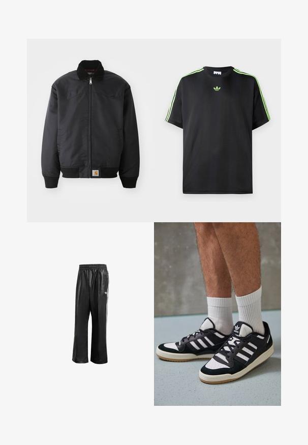 Veste bomber noire avec fermeture éclair, col à pression, poignets et bas côtelés. Équipée d'un patch logo en bas à gauche. Texture lisse.; T-shirt noir en tissu lisse avec un col rond, présentant trois bandes vertes sur les épaules et un petit logo vert sur la poitrine.; Pantalons de sport synthétiques noirs avec une taille élastique, dotés de rayures blanches sur les côtés et d'un petit logo blanc sur la hanche gauche.; Baskets noir et blanc avec une tige en suède et cuir, comportant trois rayures blanches, un bout perforé et une semelle en caoutchouc gum.