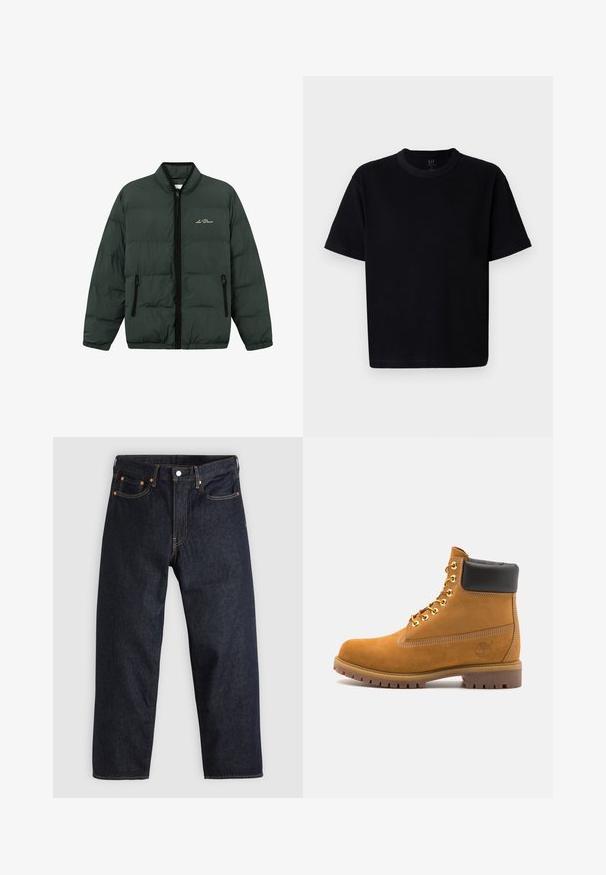 Zielona kurtka puchowa z zamkiem z przodu, elastycznymi mankietami i dołem. Posiada dwie boczne kieszenie na zamek oraz logo na klatce piersiowej.; Czarna bawełniana koszulka z okrągłym dekoltem, krótkimi rękawami i prostym krojem. Charakteryzuje się minimalnym przeszyciem oraz miękką, gładką fakturą.; Granatowe dżinsy w prostym kroju, z pięcioma kieszeniami, kontrastującymi pomarańczowymi szwami oraz zapięciem na guzik. Brak widocznych wzorów lub zdobień.; Beżowe zamszowe botki sięgające kostki z czarną wyściełaną krawędzią, złotymi oczkami, białymi detalami szycia oraz wytrzymałą gumową podeszwą z wyraźnym bieżnikiem.