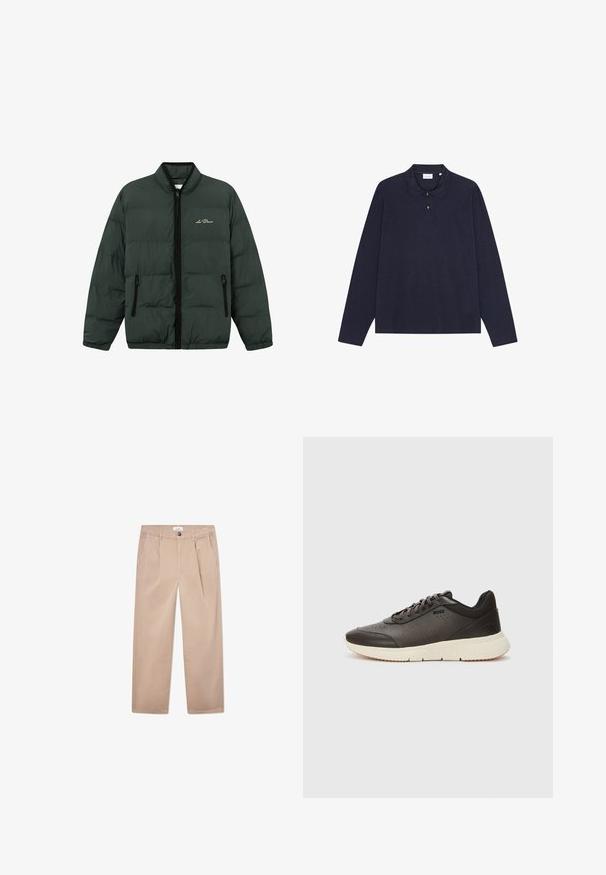 Žalias pūkų švarkas su užtrauktuku priekyje, elastingomis rankovėmis ir apačia. Yra du užtrauktukiniai šoniniai kišeniai ir logotipas ant krūtinės.; Tamsiai mėlynas medvilninis polo marškinėliai su ilgomis rankovėmis ir apykakle, turintys tris mygtukus ir paprastą tekstūrą. Nėra matomų raštų ar akcentų.; Medvilniniai chaki spalvos kelnių su tiesiomis kojomis, turinčių dvi priekinės kišenes, sagą ir klasikinį siluetą.; Tamsiai rudos sportinės bateliai su tekstūriniu odiniu paviršiumi, perforuotais elementais ir lengvu kreminiu padu. Yra raišteliai ir subtilus prekės ženklas.