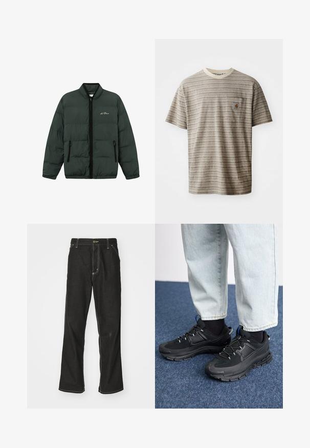 Zelena puffer jakna z zadrgo spredaj, elastičnimi manšetami in robom. Ima dve zadrgani stranski žepi in logo na prsih.; Majica s kratkimi rokavi v bež in rjavi črtasti vzorec, z okroglim izrezom in žepom na prsih s logotipom. Teksturirana tkanina.; Črne jeans hlače ohlapenega kroja, ki imajo kontrastno belo šivanje, zapiranje na gumb in ravno nogavico.; Črne športne čevlje z teksturirano tkanino in gumijastimi podplati, ki imajo elastične vezalke ter modre poudarke na peti. Nosi se z lahkimi denim hlačami.