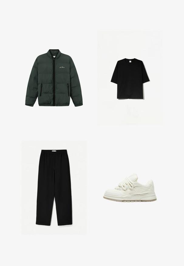 Zelená nafukovacia bunda so zipsom vpredu, elastickými manžetami a lemom. Obsahuje dve postranné vrecká na zips a logo na hrudi.; Čierne tričko s krátkym rukávom a okrúhlym výstrihom, vyrobené z mäkkého materiálu, s voľným, štvorcovým strihom a minimalistickým dizajnom.; Čierne nohavice s širokými nohavicami vyrobené z ľahkej tkaniny. Majú elasticitu v páse a hladký povrch. Bez viditeľných vzorov alebo kovania.; Biele tenisky s textúrovaným povrchom a výraznými šnúrkami. Majú hrubú, viacvrstvovú pätu a jemné dizajnové akcenty na stranách.