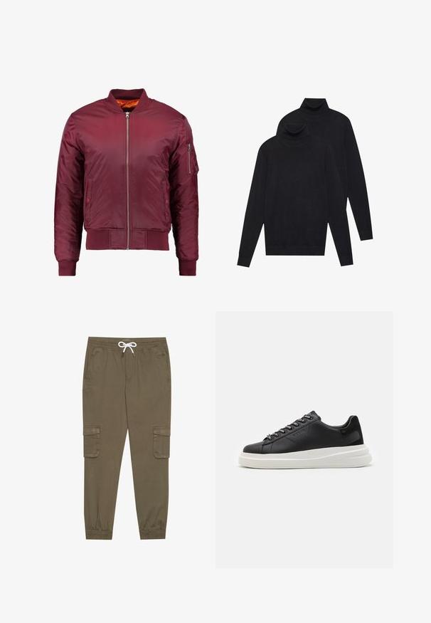 Bordo aviatora jakna, izgatavota no gludas, vieglas materiāla. Iezīmē priekšējo rāvējslēdzēju, ribotām aprocēm un kabatu kreisajā piedurknē.; Divi melni garie piedurkņu kūtīši, parasta adījuma, sakrauti viens nedaudz aizmugurē otrais uz baltas fona.; Kaki kravas bikses ar elastīgu jostu un auklu, ar sānu kabatām un piegrieztiem potīšu galiem. Izgatavotas no teksturēta, viegla materiāla.; Melnas ādas sporta kurpes ar baltu gumijas zoli, kurām ir plakanas saites un zīmola acs. Mīksta tekstūra ar kontrastējošu sānu akcentu.