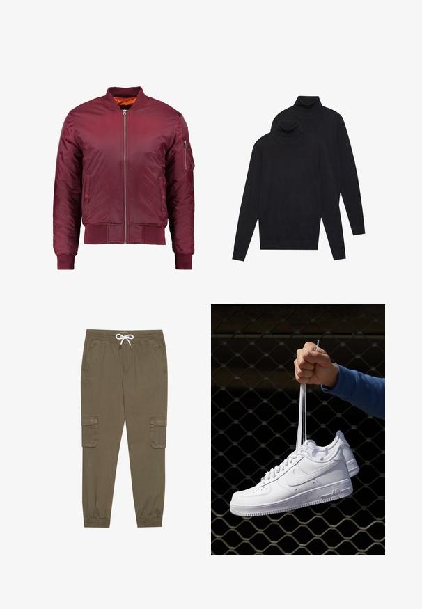 Maroon bomber jakna, izdelana iz gladkega in lahkega materiala. Ima sprednji zadrgo, rebraste manšete in žep na levem rokavu.; Dva črna dolgi rokavi puloverja s turtleneck ovratnikom, enostavna pletenina, zložen eden nekoliko za drugim na belem ozadju.; Khaki cargo hlače z elastičnim pasom in vrvico, z stranskimi žepi in manšetami na gležnjih. Narejene so iz teksturiranega, lahkega materiala.; Bela usnjena športna obutev s perforacijami, okroglo konico, ravnim podplatom in debelimi vezalkami, z vidnim logotipom smoosh in napisom "AIR" na peti.