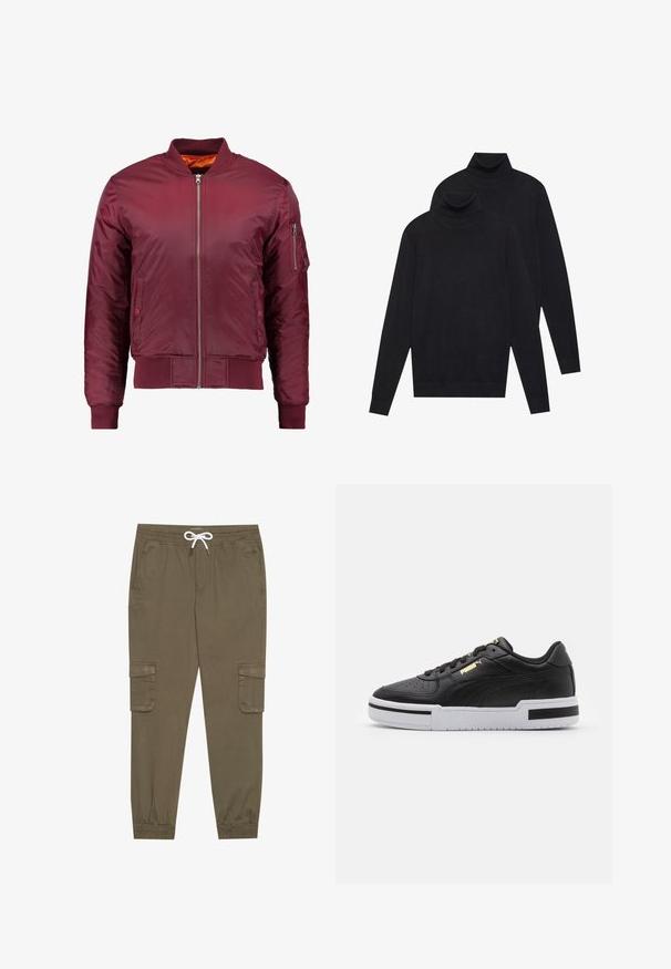 Giacca bomber color bordeaux realizzata in un materiale liscio e leggero. Presenta una zip frontale, polsini a coste e una tasca sul manica sinistra.; Due maglioni a collo alto neri a maniche lunghe, lavorati a maglia semplice, impilati con uno leggermente dietro l'altro su uno sfondo bianco.; Pantaloni cargo khaki con elastico in vita e cordino, dotati di tasche laterali e caviglie cuffiate. Realizzati in un materiale leggero e testurizzato.; Sneaker in pelle nera con suola bianca, punta perforata, dettaglio logo in oro, collare imbottito e accenti neri a contrasto sui lati.
