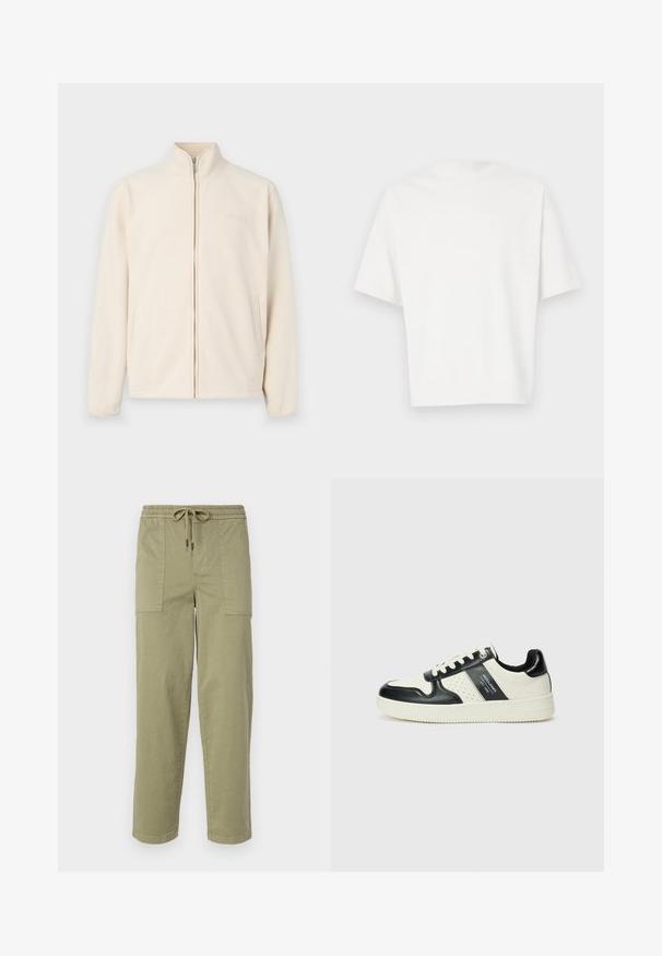Krämfärgad fleecejacka med hög krage, framzipper och två sidofickor; har en diskret logotyp på bröstet.; Vit t-shirt med kort ärm i mjukt material. Rund halsringning, avslappnad passform och enkel design utan dekorationer eller mönster.; Ljus olivgröna byxor i en bomullsblandning, med elastisk midja och dragsko, samt två stora sidofickor.; Läder sneakers med en svart och krämfärgad färgsättning, med perforerade detaljer, en vadderad krage och en strukturerad yttersula.