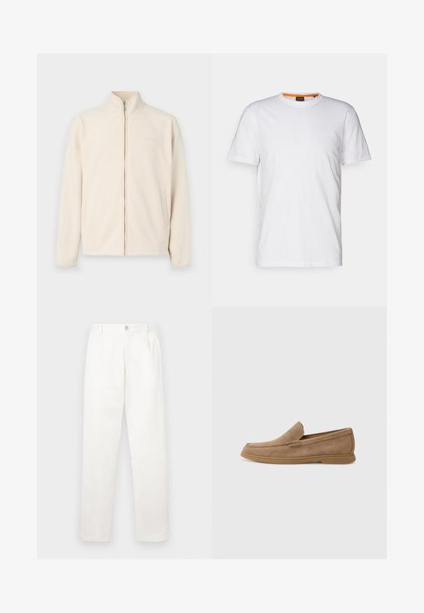 Casaco de polar cor creme com gola alta, fecho frontal com zíper e dois bolsos laterais; apresenta um sutil logotipo da marca no peito.; T-shirt de algodão branco com decote redondo, mangas curtas e um logo em relevo discreto no peito. A etiqueta interior tem um detalhe laranja.; Calças brancas feitas de um tecido suave, com um design de perna reta, pregas frontais e um fecho de botão único na cintura.; Mocassins castanhos em camurça, com uma textura suave e detalhes costurados; apresenta uma sola de borracha para maior tração.