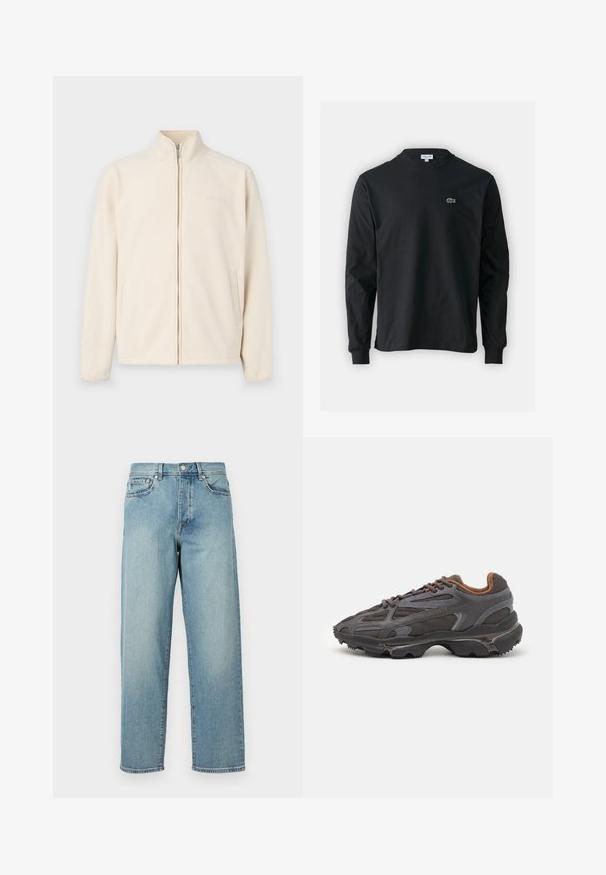Jakna od flisa boje kreme s visokim ovratnikom, prednjim patentnim zatvaračem i dva bočna džepa; ima suptilan brend logo na prsima.; Crna majica dugih rukava od pamuka, s okruglim izrezom i malim zelenim izvezenim logotipom krokodila s lijeve strane prsnog dijela.; Svijetloplavi traperice s opuštenim krojem, ravnim nogavicama, dizajnom s pet džepova i kopčanjem na gumbe u struku. Minimalistički detalj šivanja.; Lacoste tenisice u tamno sivoj boji s mrežastim i sintetičkim materijalom, s teksturiranom potplatom i smešnim akcentima na ovratniku i brandiranju.