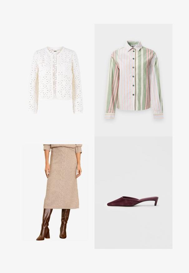 Weiße Spitzenjacke mit einem offenen floralen Muster, rundem Ausschnitt, langen Ärmeln und zwei vorderen Taschen mit Knopfakzenten.; Gestreiftes Hemd in Grün, Weiß und Pink. Verfügt über einen Kragen, lange Ärmel und einen gebogenen Saum mit kontrastierenden Manschetten und Knöpfen.; Eine Frau präsentiert einen beigen Strickpullover und einen passenden Midi-Rock, kombiniert mit stilvollen braunen kniehohen Stiefeln, und steht selbstbewusst.; Burgunderfarbene Mules aus weichem Wildleder, mit spitzem Zehenbereich, offener Rückseite und einem schlanken, niedrigen Absatz für eine elegante Silhouette.