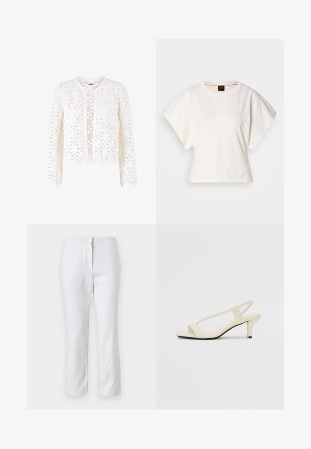 White lace jacket featuring an openwork floral pattern, rounded neckline, long sleeves, and two front pockets with button accents.; White cropped T-shirt, short wide sleeves, soft cotton material, round neckline with subtle orange trim, minimal design, no patterns or graphics.; White cotton pants with a straight leg design, featuring a mid-rise waist and no visible hardware or patterns. Smooth texture throughout.; Beige block-heeled sandals with thin straps and a square toe. Smooth material with minimal detailing, designed for easy wear.