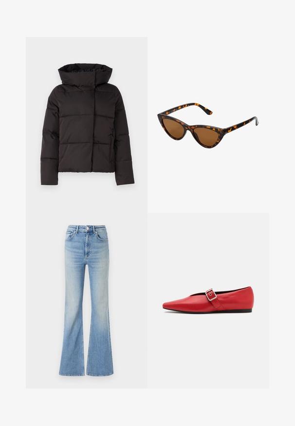 Juodas pūkų striukė su aukšta apykakle, siuvinėtu dizainu ir ilgomis rankovėmis. Yra priekinis užtrauktukas ir pūkuota tekstūra šilumos izoliacijai.; Pilkos spalvos, trumpas megztinis, pagamintas iš tekstūruotos medžiagos. Turi aukštą apykaklę ir dvi priekinės kišenes bei laisvą siluetą. Ilgos rankovės.; Šviesiai mėlyni plačios kojų džinsai, pagaminti iš džinsinio audinio, su aukštu liemeniu, penkių kišenių dizainu ir subtiliu gradientiniu blukimu link apačios.; Raudoni odiniai butai su smailiu pirštu, turintys šoninius dirželius su metaline sagtimi ir žemu juodu kulnu. Glotni tekstūra visame paviršiuje.; Katės akies saulės akiniai su juodu ir oranžiniu šarvuotu rėmeliu, ruda objektyvu ir elegantiškais, smailiais galiukais. Rėmelyje yra minimalus logotipas ant šventės.