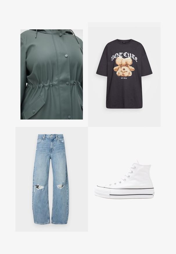 Grön vattentät jacka med dragsko i huvan, justerbar midja, tryckknappar och sidofickor med diamantform.; Svart oversized t-shirt med en grafik av en björn och texten "INTE SÖT MEN VILD" i fet, vit lettering. Tillverkad av bomull.; Ljusblå, högmidjade jeans i denim. Har vida ben, två slitna knäområden och klassisk femfickedesign.; Vit hög topp canvas sneaker med svart gummisulan, framsidan gummitåhätta och sex öglor för snören, med en ren, minimalistisk design.