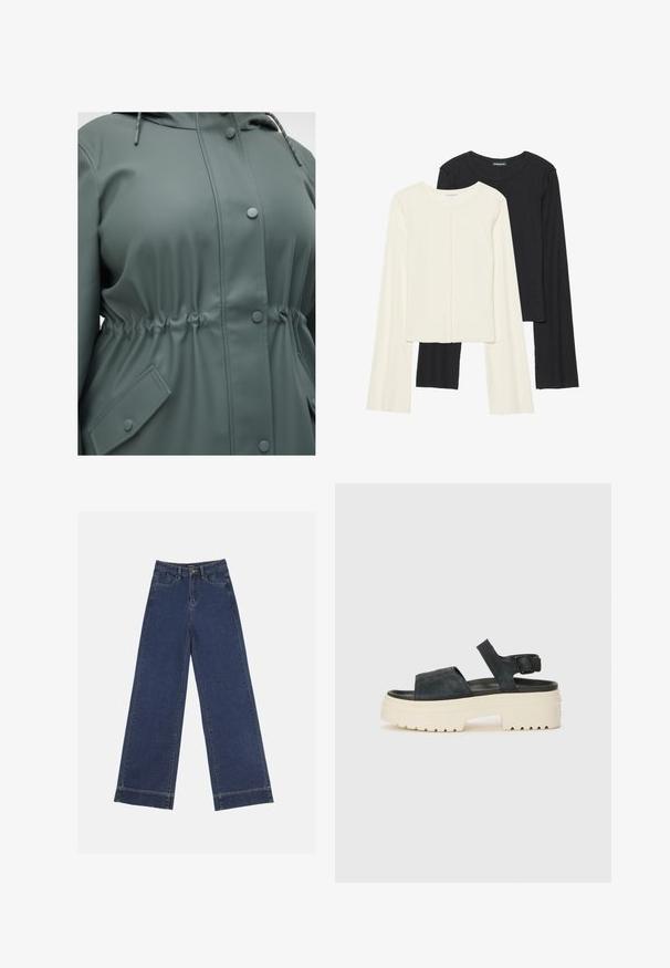 Grüne wasserdichte Jacke mit verstellbarem Kapuzenzug, anpassbarem Taillenbund, Druckknöpfen und seitlichen Taschen mit rautenförmigem Design.; Set aus zwei Langarmoberteilen in Weiß und Schwarz. Rippstruktur, Rundhalsausschnitt, figurbetontes Design mit leicht ausgestellten Ärmeln.; Weite Jeans in dunkelblauem Denim. Verfügt über fünf Taschen, Gürtelschlaufen und einen rohen Saum am unteren Ende mit sichtbaren Nahtdetails.; Schwarze Wildleder-Plateausandalen mit einer klobigen weißen Sohle, breitem Vorderriemen und verstellbarem Knöchelriemen. Strukturierte Laufsohle für besseren Halt.