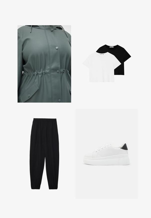 Green waterproof jacket with a drawstring hood, adjustable waistband, snap buttons, and side pockets featuring a diamond shape.; Two short-sleeve T-shirts, one black and one white. Made of soft cotton with a crew neckline and a relaxed fit.; Black, lightweight pants with an elastic waistband and gathered ankles. The fabric is smooth and features a relaxed, tapered design.; White platform sneakers made of smooth synthetic material, featuring a rounded toe, lace-up design, and a textured rubber sole. Black heel accent.