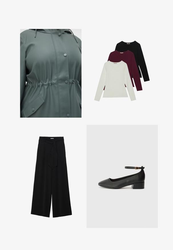 Giacca impermeabile verde con cappuccio regolabile con cordino, vita regolabile, bottoni a pressione e tasche laterali a forma di diamante.; T-shirt a maniche lunghe in bianco, bordeaux e nero. Realizzate in tessuto morbido con scollatura rotonda e design aderente. Adatte per essere indossate a strati.; Pantaloni neri a gamba larga caratterizzati da un tessuto testurizzato, una vita elastica e una cintura staccabile per una vestibilità regolabile.; Pump in pelle nera con punta affusolata e tacco basso a blocco. Presenta una cinghia alla caviglia con una fibbia in tonalità oro. Texture liscia.