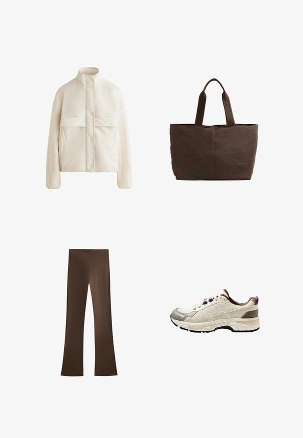 Veste en polaire couleur crème avec un col haut, des boutons-pression et une bande horizontale sur la poitrine. Possède deux poches avant.; Pull en maille côtelée marron avec un col rond et des manches raglan. Présente une longueur cropped et un tissu texturé. Aucun moyen de fermeture visible.; Pantalons évasés marron avec une taille haute présentant un design entrecroisé. Fabriqués en un matériau lisse et extensible pour le confort et l'ajustement.; Chaussure de sport beige clair avec des accents gris foncé, tige en maille texturée, détails de lacets violets et semelle multicouche.; Sac tote en tissu marron avec deux poignées robustes, forme rectangulaire, détails de couture minimalistes et texture lisse.