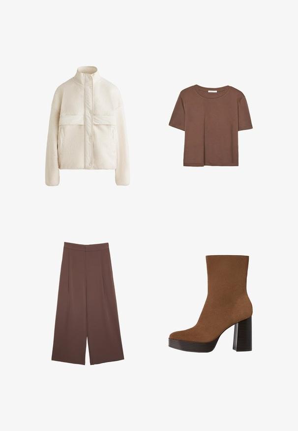 Cremfarbener Fleece-Jacke mit hohem Kragen, Druckknöpfen und einem horizontalen Band über der Brust. Verfügt über zwei Fronttaschen.; Braunes, kurzärmliges T-Shirt aus weichem Material mit rundem Halsausschnitt und lockerer Passform. Keine sichtbaren Muster oder Akzente.; Braune Weite-Leg-Hosen mit einer glatten Textur, hoher Taille und Vorderfalten. Der Stoff ist leicht und fällt locker.; Braunes Wildleder-Ankle Boot mit runder Spitze, klobigem schwarz gestreiften Absatz und glatter Oberfläche. Besitzt ein enganliegendes Design ohne sichtbare Beschläge.