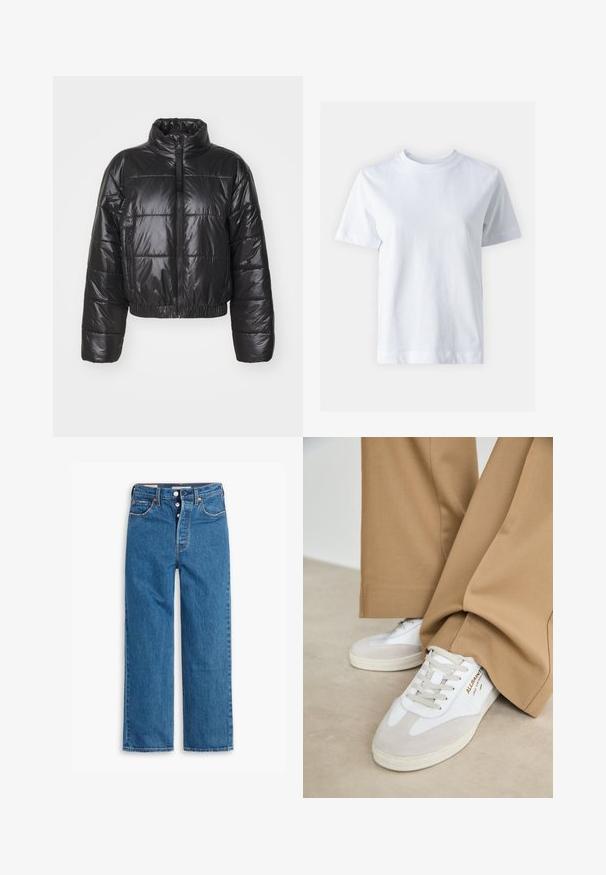 Crna puffer jakna napravljena od sjajnog, kviltanog materijala, s visokim ovratnikom, zatvaranjem na zip i elastičnim rubovima i manžetama.; Bjela pamučna majica s okruglim izrezom, kratkim rukavima, ravnim krojem i glatkom teksturom. Bez uzoraka ili ukrasa.; Plave traperice ravnog kroja s visokim strukom, dizajn s pet džepova i dugmetom za zatvaranje. Primjetno šavovi i zakovice u boji bakra.; Bijele tenisice s velur detaljima, teksturiranim vezicama i gumenenim potplatom. Uparene s labavim bež hlačama. Logo prikazan sa strane.