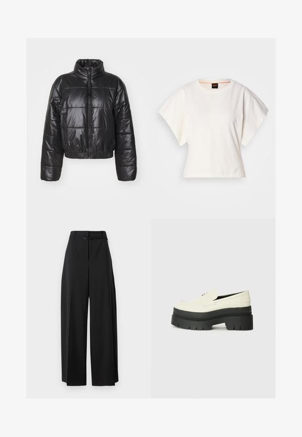 Svart puffjakke laget av blankt, quiltet materiale, med høy krage, glidelås og elastisk hem og mansjetter.; Hvit cropped T-skjorte, korte vide ermer, myk bomullsmateriale, rund halslinning med subtilt oransje kantbånd, minimalistisk design, uten mønstre eller grafikk.; Svarte vide bukser med høy midje og belte. Har en jevn tekstur og rene linjer, designet for en avslappet passform.; Hvite lær plattformloafers med tykk svart gummisåle, med avrundet tå og minimal dekorativ søm.