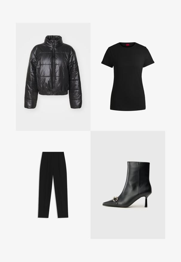 Black puffer jacket made of shiny, quilted material, featuring a high collar, zip closure, and elasticated hem and cuffs.; Black cotton t-shirt with short rolled sleeves, a round neckline, and a red label. Smooth texture, fitted shape with minimal detailing.; Black trousers with a straight fit, featuring double pleats, a smooth texture, and a classic waistband design. No visible hardware or accents.; Black leather ankle boot with pointed toe, slim mid-height heel, and silver buckle detail on side against plain background.