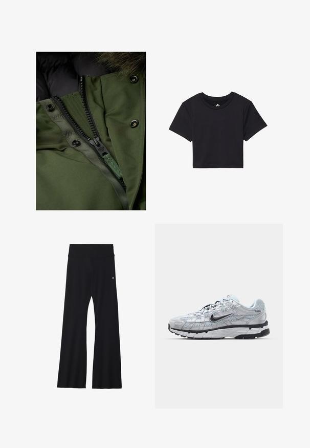 Grøn pufferjakke med en sort lynlås og trykknapper. Indersiden viser quiltet stof, mens ydersiden har en glat tekstur.; Sort cropped t-shirt med korte ærmer, rund halsudskæring, lavet af glat stof. Minimalistisk design uden synlige mønstre eller accenter.; Sorte flared yoga bukser i strækbart stof, med en bred talje og et lille logo nær hoften. Glat tekstur, uden mønstre.; Nike P-6000 sneakers med en lys grå mesh overdel, sorte accenter og en holdbar sort gummisål. Har et detaljeret design og snøresystem.