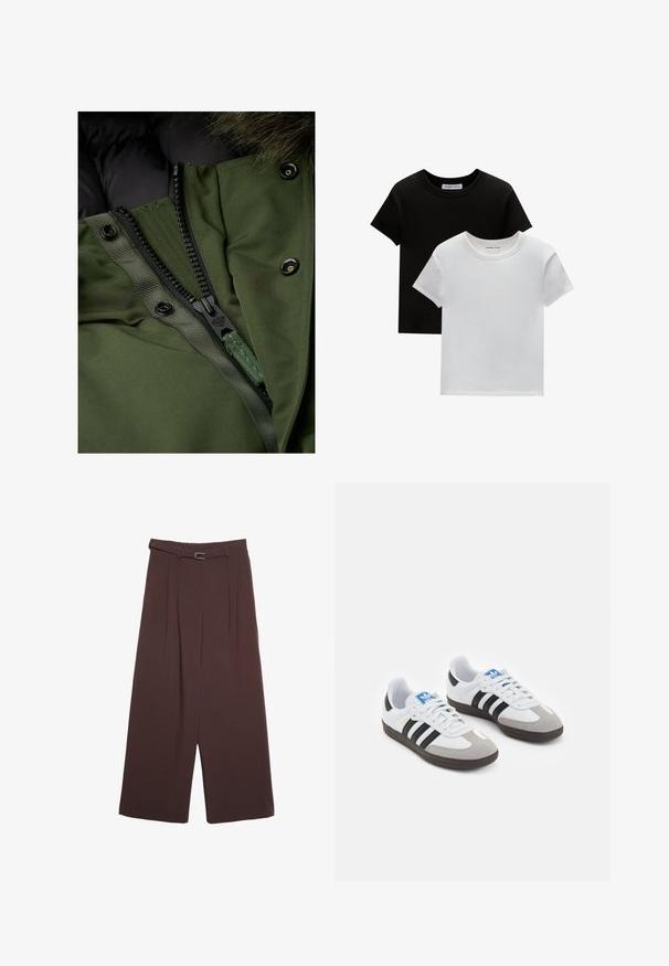 Grøn pufferjakke med en sort lynlås og trykknapper. Indersiden viser quiltet stof, mens ydersiden har en glat tekstur.; To crew-neck t-shirts i sort og hvid, lavet af bomuld. De har korte ærmer og et ensfarvet design uden mønstre eller accenter.; Stradivarius WIDE-LEG WITH BUCKLE DETAIL - Bukser - dark brown; Sportsko med en overdel i hvid læder, grå ruskind på tåen og tre sorte striber. Har et blåt logo på tungen og en struktureret gummisål.