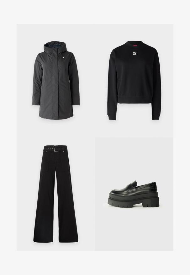 K-Way SOPHIE SOFT TOUCH - Žieminis paltas - black/blue; Juodas džemperis, pagamintas iš minkštos medžiagos, su apvaliu kaklu ir raukinėtomis rankovėmis. Balta „HUGO“ logotipas centre ant krūtinės.; Juodos plačios kojų kelnės, pagamintos iš medvilnės, su aukšta liemene, didelėmis šoninėmis kišenėmis ir diržu, papuoštu sidabriniais akcentais.; Juodos odinės loafers tipo bateliai su masyviu platformos padu. Suapvalintas pirštas, priekinė siuvimo detalė ir subtilūs siuvinėjimo akcentai. Lygus, tekstūruotas padas.