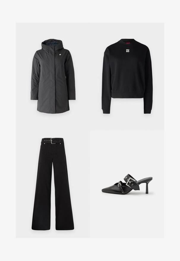 K-Way SOPHIE SOFT TOUCH - Žieminis paltas - black/blue; Juodas džemperis, pagamintas iš minkštos medžiagos, su apvaliu kaklu ir raukinėtomis rankovėmis. Balta „HUGO“ logotipas centre ant krūtinės.; Juodos plačios kojų kelnės, pagamintos iš medvilnės, su aukšta liemene, didelėmis šoninėmis kišenėmis ir diržu, papuoštu sidabriniais akcentais.; Juodos aukštakulnės mule bateliai su smailiu pirštu, pagaminti iš lygaus odos. Turi platų kulkšnies dirželį su kvadratiniu sidabro sagtimi ir skulptūromis.