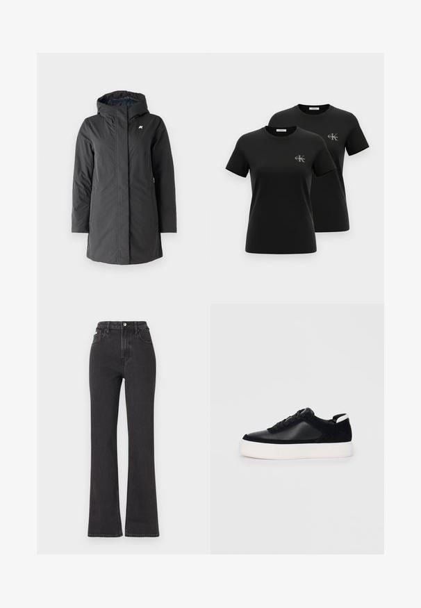 K-Way SOPHIE SOFT TOUCH - Vinterfrakke - black/blue; To sorte kortærmede t-shirts med rund hals og små grå "CK Calvin Klein"-logoer på venstre bryst, vist på en hvid baggrund.; Sorte højtaljede flagrende jeans lavet af denim, med knaplukning, bæltestropper og sidelommer. Glat tekstur med minimal falming.; Sort sneakers med glat læder og ruskindspaneler, flade snørebånd, rund tå og en hvid gummisål. Distinkt logo på hælen.