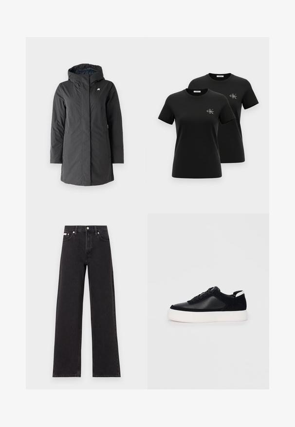 K-Way SOPHIE SOFT TOUCH - Vinterfrakke - black/blue; To sorte kortærmede t-shirts med rund hals og små grå "CK Calvin Klein"-logoer på venstre bryst, vist på en hvid baggrund.; Sorte vidde jeans lavet af denim, med høj talje, fem-lomme stil og en metalknap lukning med kontrasterende syninger.; Sort sneakers med glat læder og ruskindspaneler, flade snørebånd, rund tå og en hvid gummisål. Distinkt logo på hælen.