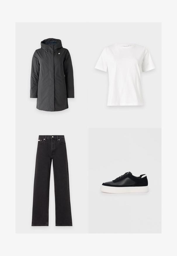 K-Way SOPHIE SOFT TOUCH - Zimný kabát - black/blue; Biela bavlnená tričko s krátkymi rukávmi, okrúhlym výstrihom a voľným strihom. Hladká textúra, bez vzorov alebo akcentov, minimalistický dizajn.; Čierne široké džínsy vyrobené z denimu, s vysokým pásom, piatimi vreckami a kovovým zapínaním s kontrastným šitím.; Čierne tenisky s hladkou kožou a semišovými panelmi, plochými šnúrkami, zaoblenou špičkou a bielou gumovou podrážkou. Výrazné logo na päte.