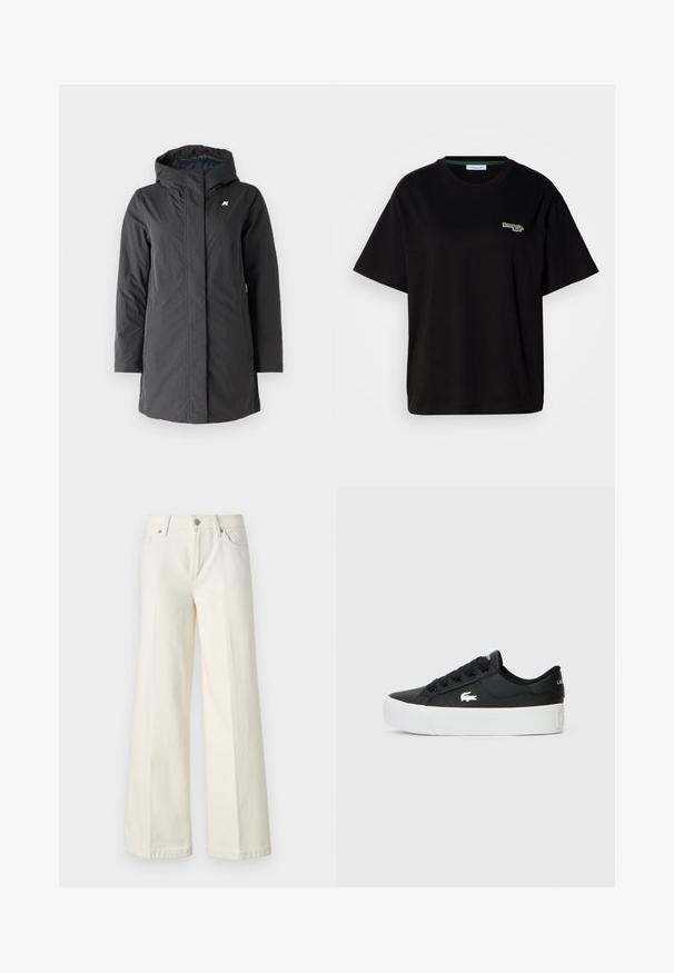 K-Way SOPHIE SOFT TOUCH - Žieminis paltas - black/blue; Juodas medvilnės marškinėliai su trumpomis rankovėmis, su mažu žaliu logotipo akcentu kairėje krūtinės pusėje. Klasikinis apvalus iškirpimas, laisvas kirpimas.; Platūs balti džinsai, pagaminti iš medvilnės mišinio. Yra užtrauktukas, penkių kišenių dizainas ir siūlės išsiuvinėjimas.; Juodos žemos sportbačiai, pagaminti iš sintetinio medžiagos, su balta guma padu, juodais raišteliais ir mažu baltu logotipu šone.