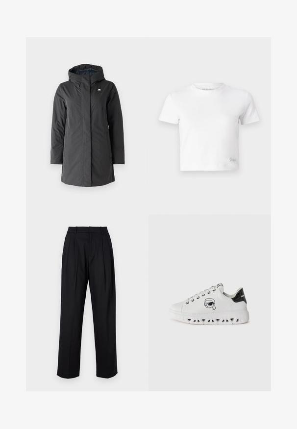 K-Way SOPHIE SOFT TOUCH  - Wintermantel - black/blue; Weißes, kurzes T-Shirt aus glattem Baumwoll-Stoff mit hohem Ausschnitt und kurzen Ärmeln. Kleines besticktes Logo in der unteren Ecke.; Schwarze Hose mit maßgeschneidertem Design, featuring eine hohe Taille, Falten und geraden Beinen. Hergestellt aus glattem Stoff in einfarbiger Ausführung.; Weiße Sneakers mit runder Zehenpartie, strukturierten weißen Sohlen, einem schwarzen glitzernden Fersenkäppchen und einem gedruckten Charakter mit Sonnenbrille.