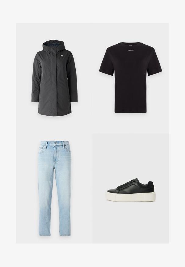 K-Way SOPHIE SOFT TOUCH - Abrigo de invierno - black/blue; Camiseta de algodón negra con mangas cortas, cuello redondo y pequeño logo blanco de "Calvin Klein" en el pecho. Textura suave, corte clásico.; Jeans de mezclilla azul claro, diseño de pierna recta, cintura media, con estilo de cinco bolsillos y cierre de botón en la parte frontal.; Zapatilla de cuero negro con punta redondeada, suela de plataforma blanca y cordones negros. Presenta un sutil logo en el talón y una textura suave.