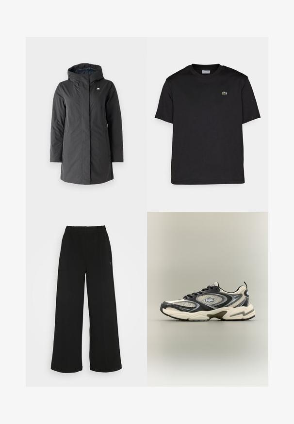 K-Way SOPHIE czarny; Czarny bawełniany t-shirt z okrągłym dekoltem, krótkimi rękawami i małym, zielonym haftowanym logo po lewej stronie klatki piersiowej. Prosty design.; Czarne spodnie o szerokich nogawkach z elastycznym pasem. Wykonane z miękkiego, lekkiego materiału. Posiada pionowe szwy na przodzie.; Czarno-beżowe siateczkowe sneakersy mają wyściełany kołnierz, teksturowaną cholewkę oraz wyraźne logo z boku. Smukły design z zaokrągloną podeszwą.