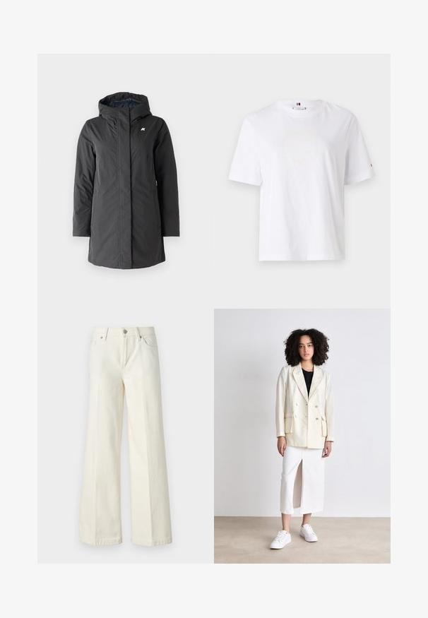 K-Way SOPHIE SOFT TOUCH  - Talvemantel - black/blue; Valge puuvillane T-särk ümarate kaelaaukude, lühikeste varrukate ja peene kollase logoga, millel on tekst "HILFIGER NEW YORK 1985". Tavaline lõige.; Laiad valged teksad, mis on valmistatud puuvilla segust. Omavad lukuga eesmist sulgemist, viie taskuga disaini ning õmblusi pükste saemetes.; Kreemist kahekordse nööbiga bleiser, millel on kaks eesmist taskut, kantud musta topsi peal, koos valge seelikuga, millel on eesmine lõhik, ja valgete jooksutossudega.