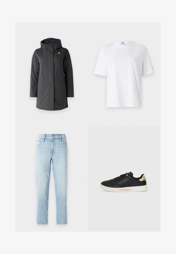 K-Way SOPHIE czarny; Biała bawełniana koszulka z okrągłym dekoltem, krótkimi rękawami i subtelnym żółtym logo z napisem "HILFIGER NEW YORK 1985". Standardowy krój.; Jasnoniebieskie dżinsy, prosty krój nogawek, średni stan, z pięcioma kieszeniami i zapięciem na guzik z przodu.; Czarne skórzane sneakersy o gładkiej fakturze, biała gumowa podeszwa, złote akcenty na pięcie i oczkach sznurowadeł, z logo na boku.
