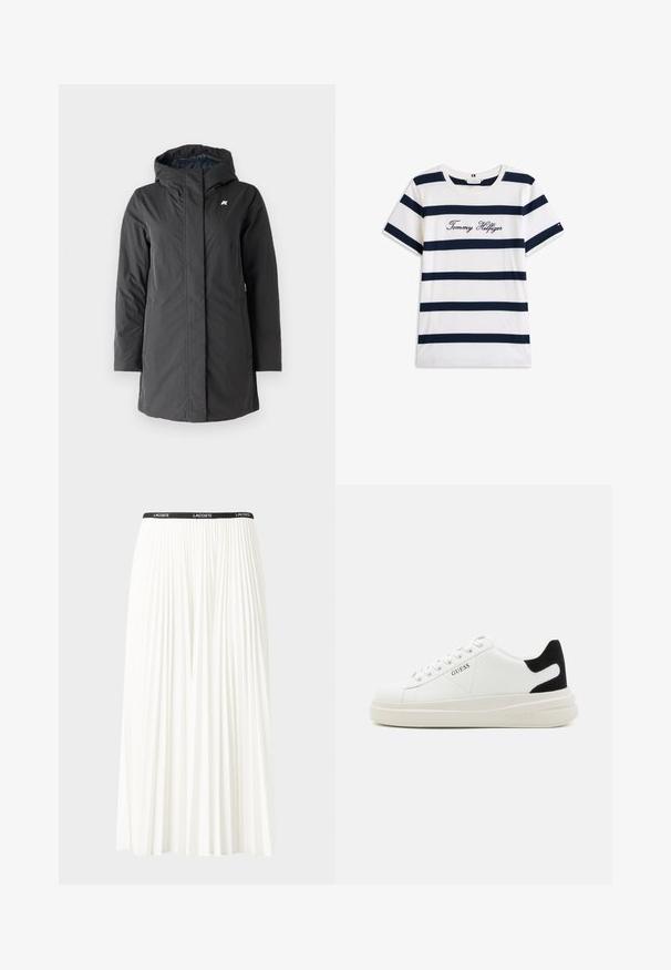 K-Way SOPHIE SOFT TOUCH - Vinterfrakke - black/blue; T-shirt i bomuld med vandrette marineblå striber på en hvid baggrund. "Tommy Hilfiger" broderet i kursiv på brystet. Rund hals.; Plisseret hvid nederdel med en sort elastisk talje, der har "LACOSTE"-logoet. Mellemlang design med blød tekstur.; Hvide lædersneakers med en tyk hvid sål, sort ruskindhælvægt og prægede logoer på siden. Snørebåndsdesign med seks øjer.