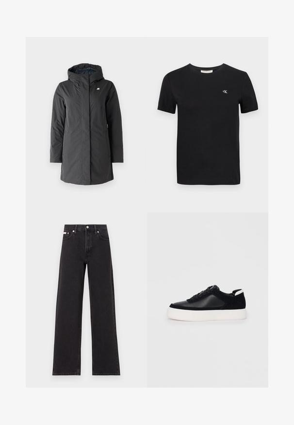 K-Way SOPHIE czarny; Czarna bawełniana koszulka z klasycznym okrągłym dekoltem, krótkimi rękawami i małym białym haftowanym logo "ck" na piersi.; Czarne dżinsy o szerokich nogawkach, wykonane z denimu, z wysokim stanem, pięcioma kieszeniami oraz metalowym zapięciem z kontrastowym szwem.; Czarne sneakersy z gładkiej skóry i zamszowymi panelami, płaskimi sznurowadłami, zaokrąglonym noskiem i białą gumową podeszwą. Wyraźne logo na pięcie.