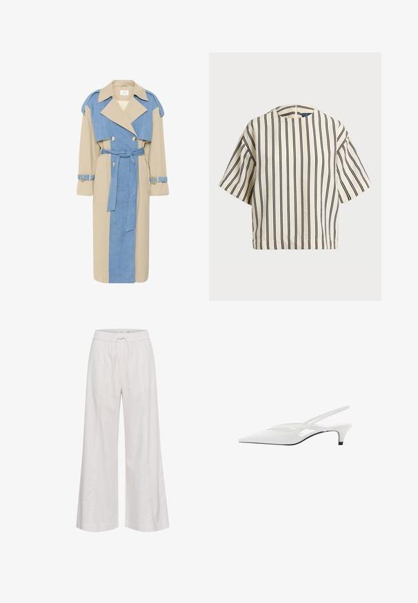 Plašč iz trenča s bež in modrimi denimski paneli, dvoredno zapiranje, široki reverji, z dvema pasoma in rokavi z zlatimi detajli.; Kratek rokav, prugast top v kremni in mornarsko modri barvi, z okroglim izrezom in kvadratnim dizajnom ter teksturirano tkanino.; Hlače širokih nogavic iz mehke bele tkanine, z elastičnim pasom in vrvico, gladko teksturo in brez dodatnih okrasitev.; Bela slingback peta z ošiljenim nosom, z gladkim zgornjim delom, subtilnimi izrezi in nizkim blok petkom. Črna podplat poudarja dizajn.
