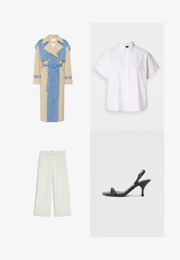 Trench coat con pannelli in denim beige e blu, design doppiopetto, rever ampi, vita con cinture e cinturini con dettagli dorati.; Camicia bianca a maniche corte con colletto a punta e orlo curvo. Realizzata in cotone con una texture liscia e senza motivi visibili.; Pantaloni a gamba larga in tessuto crema chiaro, dotati di tasche laterali, frontale liscio e chiusura a un bottone in vita. Texture morbida.; Sandali con tacco alto in pelle nera, con tacco sottile e curvo e design a fascia incrociata. Cinghia alla caviglia regolabile. Texture liscia.