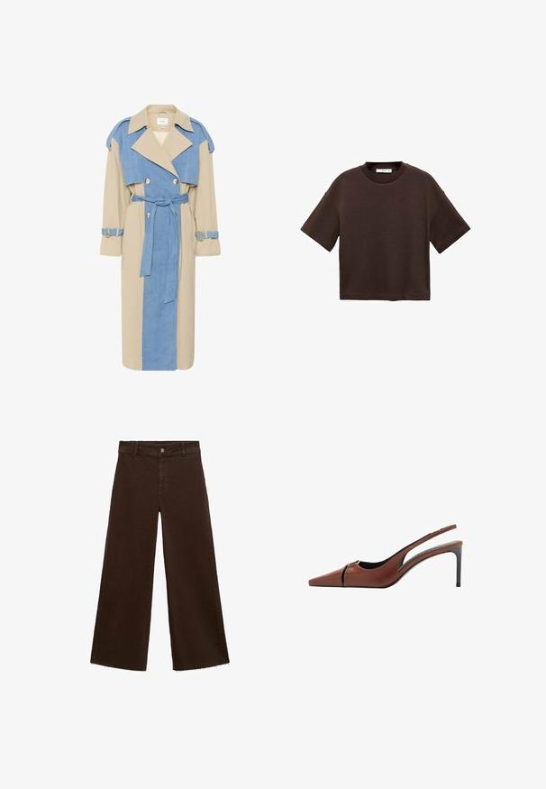 Trench coat con pannelli in denim beige e blu, design doppiopetto, rever ampi, vita con cinture e cinturini con dettagli dorati.; T-shirt corto marrone a maniche corte realizzato in cotone morbido. Presenta un colletto rotondo e una vestibilità ampia, con una texture liscia e senza motivi visibili.; Pantaloni larghi marroni in misto cotone, caratterizzati da orlo sfrangiato, chiusura frontale con bottone e classico design a cinque tasche. Minimalisti e versatili.; Scarpa con tacco slingback in pelle marrone con punta appuntita, dettaglio a taglio sulla tomaia e un elegante tacco a stiletto. Texture liscia.