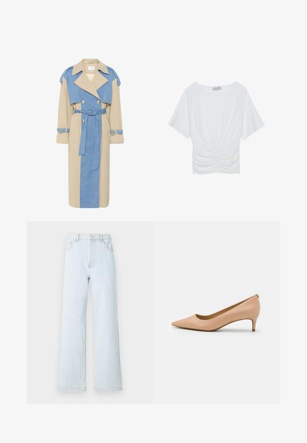 Trench coat con pannelli in denim beige e blu, design doppiopetto, rever ampi, vita con cinture e cinturini con dettagli dorati.; Top bianco a maniche corte con vestibilità comoda, caratterizzato da un design arricciato in vita e una texture di tessuto liscia. Etichetta: Anna Field.; Jeans in denim blu chiaro a gamba larga con vita alta, design a cinque tasche e dettagli in filo dorato. Texture liscia e taglio dritto.; Pump a punta in pelle color beige chiaro, con tacco basso, superficie liscia e design minimalista con un sottile dettaglio sul retro.