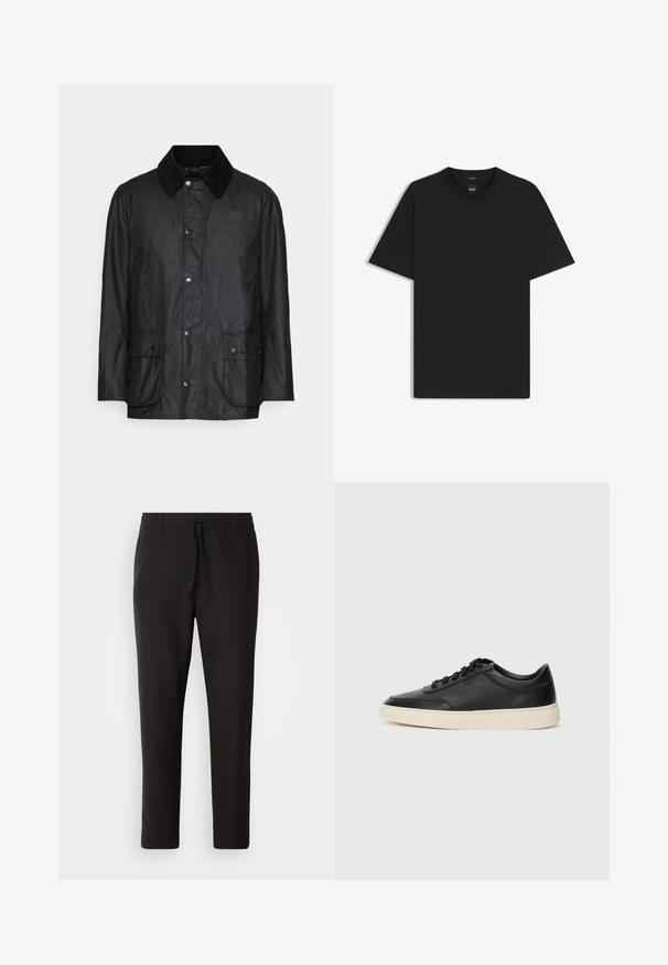 Black waterproof jacket with a corduroy collar, snap buttons, and two front pockets featuring a smooth texture and a classic design.; Black short-sleeve T-shirt made from a smooth cotton blend, featuring a crew neckline and a minimalistic design with no patterns or accents.; Black jogger pants made of smooth fabric. Feature an elastic waistband with a drawstring, tapered legs, and no visible pockets. Simple design.; Black low-top leather sneaker with black laces and off-white sole shown in side profile on white background.